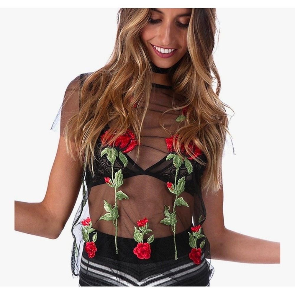 Women Sheer Mesh Top Medium Black Red Rose Embroidered Floral Y2K festival